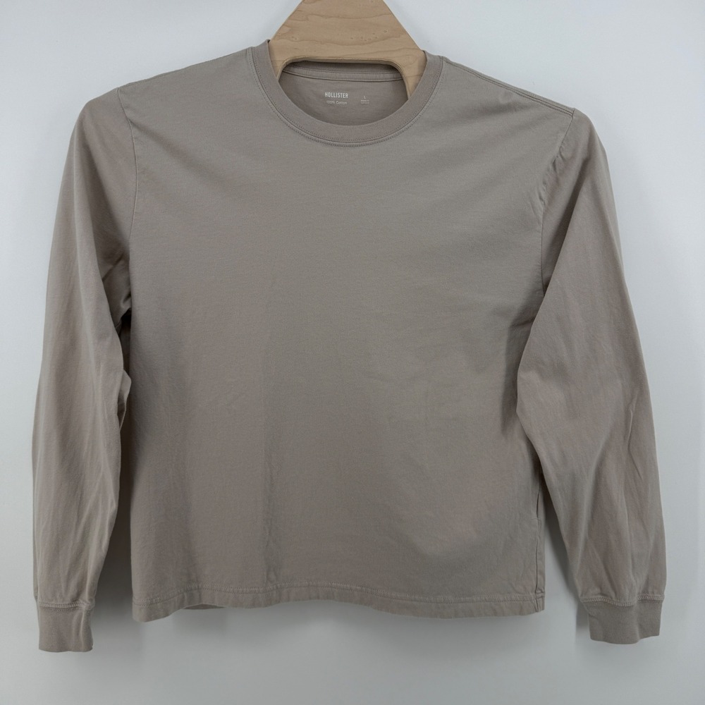 Hollister Mens Long Sleeve Cotton Crewneck T-Shirt Taupe Brown Size L